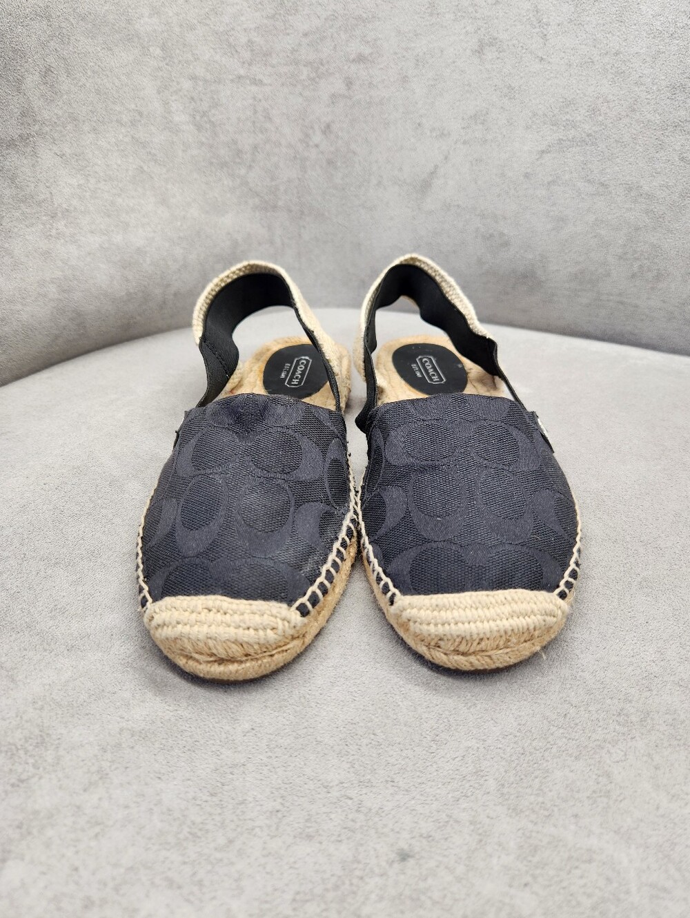 Coach Slingback Espadrilles 9 Black Jacquard Signature Rayanne A1128 Jute Flats - Picture 3 of 14